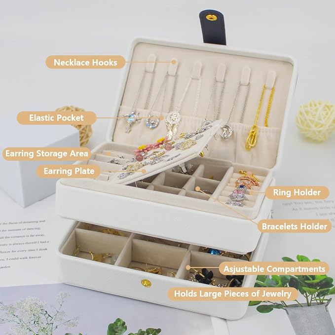 KOOAAICCHI Small Jewelry Box, Travel Jewelry Organizer, Portable Jewelry boxes for Women Girls Gift, Double Layers PU Leather Jewelry Holder for Rings, Earrings, Necklaces-White - Image 4