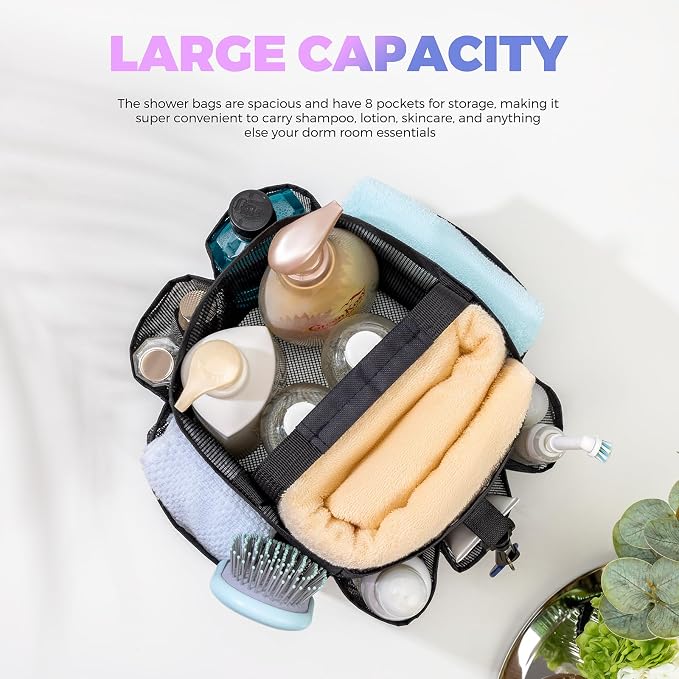 Mesh Shower Caddy Portable for College Dorm Room Essentials with 8-Pocket Large Capacity,Quick Dry Shower Bag for Bathroom, Beach,Gym - Image 2