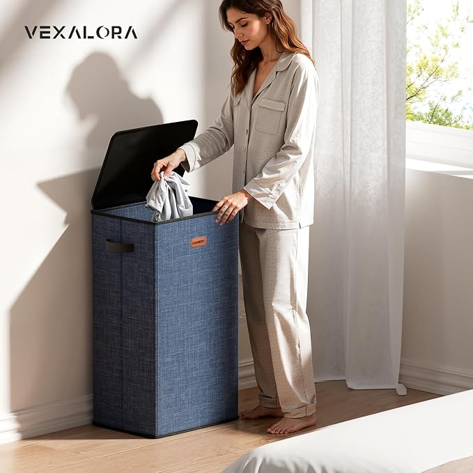 100L Laundry Hamper with Lid, Large Clothes Hampers with Removable Bag, Collapsible Laundry Basket for Bathroom, Bedroom, Laundry Room, Dorm, Navy Blue - Image 2