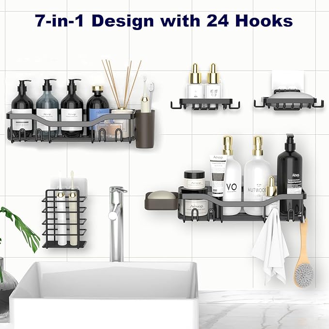 NESOMI Shower Caddy Adhesive Shower Organizer 7-Pack, Rustproof Stainless Steel Bathroom Shelves, Large Capacity No-Drill Rack Storage Accessories with Soap Dish Toothbrush Holder &24 Hooks Home Decor - Image 4
