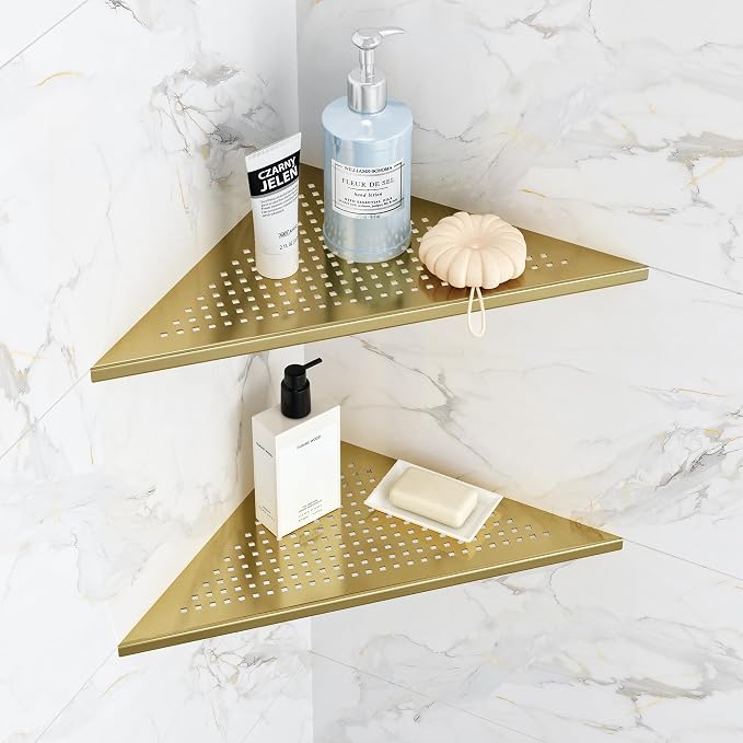 Qeke 2 Pack Bathroom Corner Shelf, Recessed 12" Corner Shower Shelf, SUS304 Stainless Steel Triangular Wall Mount, No Drilling, Brushed Golden by Qeke