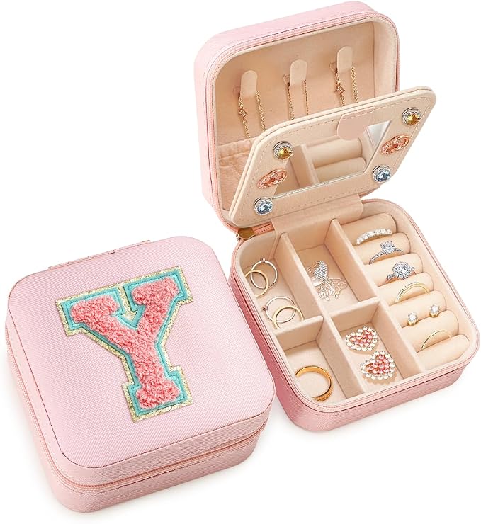 SANDJEST Personalized Jewelry Box, Pink Travel Jewelry Box with Initial Y, Small Monogrammed Jewelry Case Organizer for Girls Women Teen Kids, Mini Travel Essentials Gifts for Birthday Christmas by SANDJEST