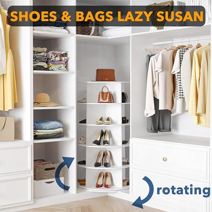 SpaceAid 5 Tier Rotating Shoe Rack Tower, Spinning Shoe Display Lazy Susan, Revolving 360 Shoe Rack Storage Round Carousel, Vertical Handbag Rotate Shoes Closet Organization (5-Tier White) - Image 4