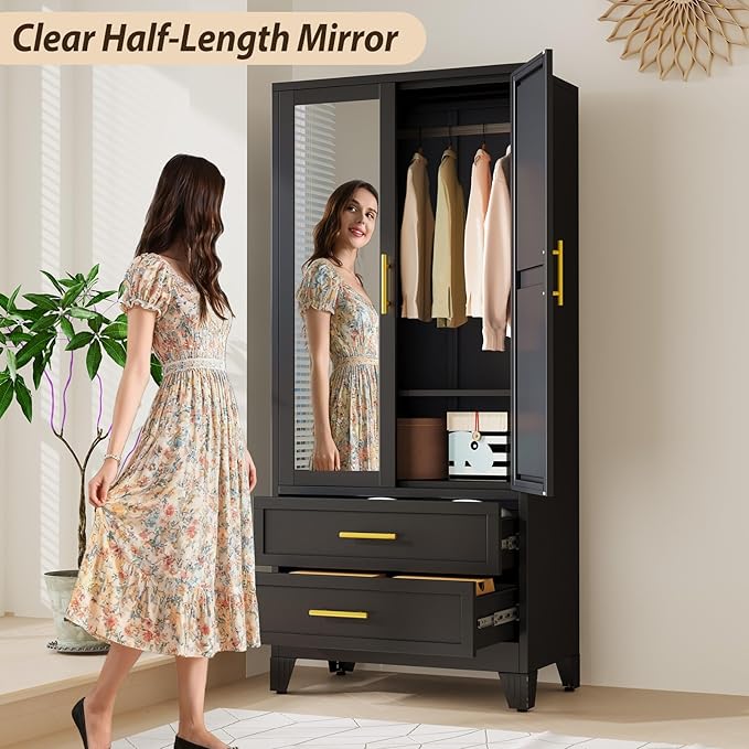 Metal Wardrobe Storage Cabinet with Mirror and Hanging Rod,71'' Metal Clothing Cabinet with 2 Doors and 2 Adjustable Shelves for Bedroom, Laundry Room, Cloak Room (Black)