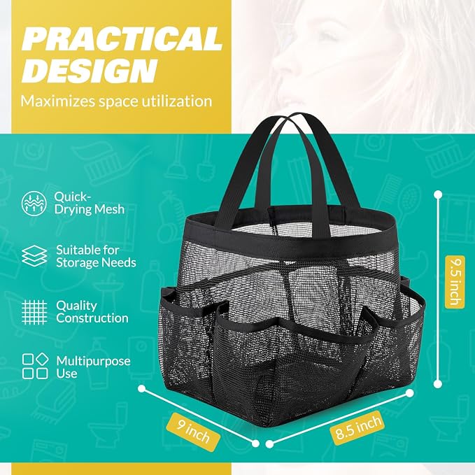 LOYEE Mesh Shower Caddy Portable for College Dorm Room Essentials with 8 Pockets, Shower Bag for Beach, Swimming, Gym, Travel, Bathroom(Black) - Image 2