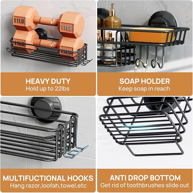 LEVERLOC Shower Caddy Suction Cup, 3 Pack Heavy Duty Bathroom Organizer for Inside Shower with Hooks & Soap Holder, Removable Bathroom Organizer, Rustproof Black Holder Storage Black - Image 5