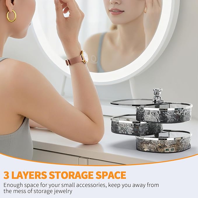 LETURE 3-Layers Rotatable Jewelry Organizer Storage Box, Clear Ripple Jewelry Holder Case for Ring Earring Necklaces Bracelets Makeup Hair Accessories, Small Rotating Jewelry Tray for Women (Grey) - Image 3
