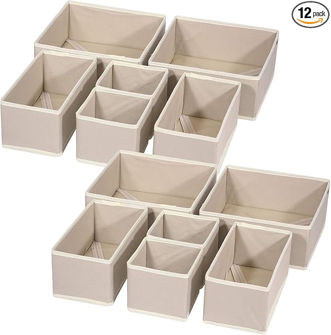 DIOMMELL 12 Pack Foldable Cloth Storage Box Closet Dresser Drawer Organizer Fabric Baskets Bins Containers Divider for Clothes Underwear Bras Socks Lingerie Clothing, Beige 444 by DIOMMELL