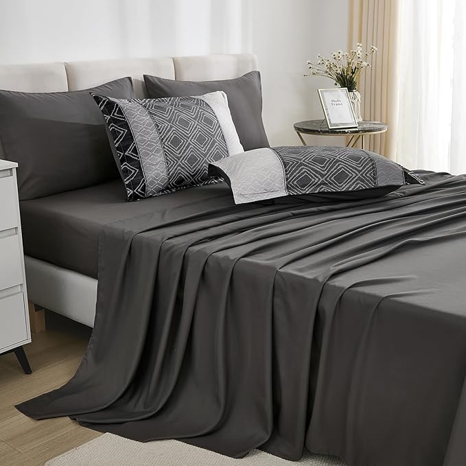 Dinjoy Queen Comforter Set Dark Gray Boho,Soft 7 Piece Bed in a Bag Queen Size Black Bedding Sets Striped Comforters with Plaid Bed Set with Sheets for Men Fall Winter
