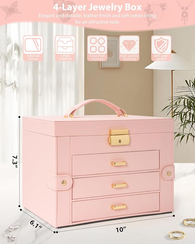 AKOZLIN Large 4-Tier Jewelry Box Leather Jewelry Storage Organizer with 3 Drawers Lockable for Women Girls Ring Necklace Earring Bracelet Watches Holder with Mirror Pink - Image 2