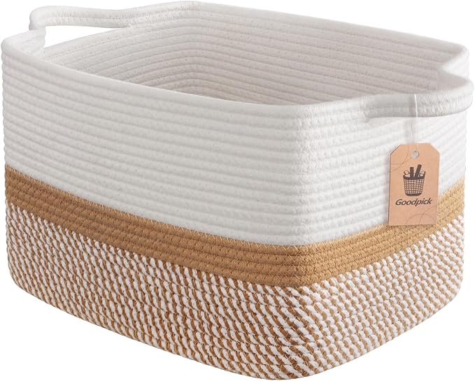 Goodpick Woven Storage Baskets for Organizing, Cotton Rope Organizer for Home Decor, 13"x10"x9" Gift Baskets Empty for Kids, Rectangle Laundry Basket with Handles, White & Camel Mix by Goodpick