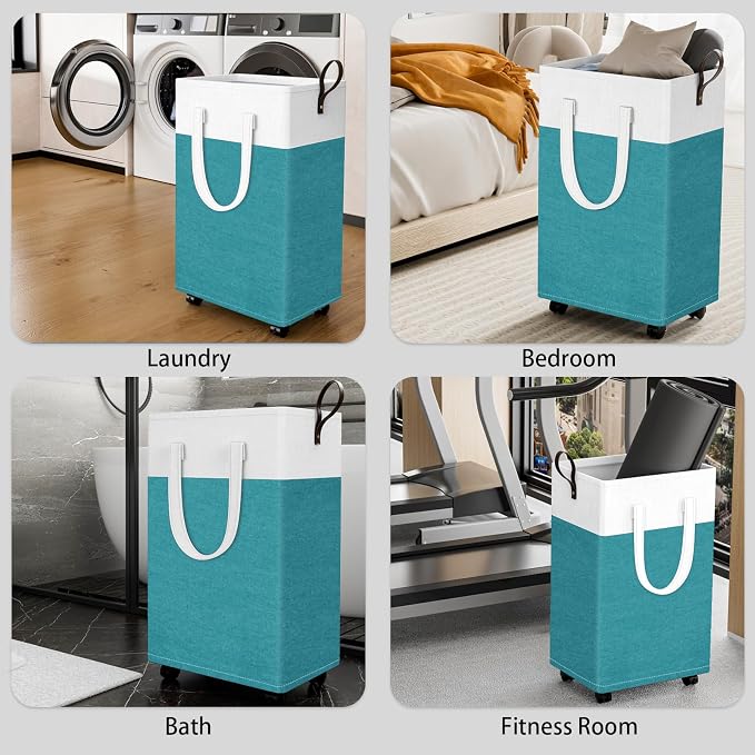 HomeHacks 90L Large Rolling Laundry Basket, Laundry Hamper with 4 Smooth Wheels, Collapsible Waterproof Clothes Basket, Freestanding Hamper with Handles for Bedroom/Dorm/Laundry Room (Green) - Image 7