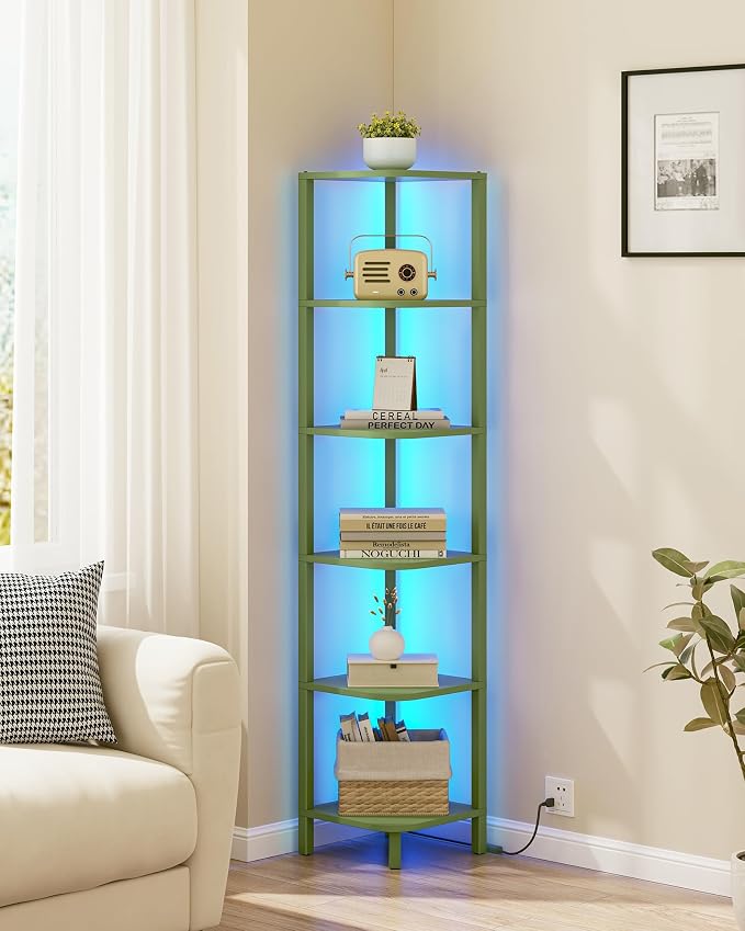 TUTOTAK Corner Shelf with LED Light, 6-Tier Corner Bookshelf for Small Space, Narrow Display Corner Shelf Stand with Storage Rack, for Living Room, Bedroom, Olive Green BS08BOG006L - Image 4