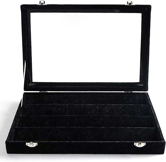 Frebeauty Earring Organizer Tray with Clear Lid 64 Slots Velvet Drawer Insert Earring Storage box with Transparent Glass lid Jewelry Display Case with lock Gifts for Women (Black, Earrings) - Image 4