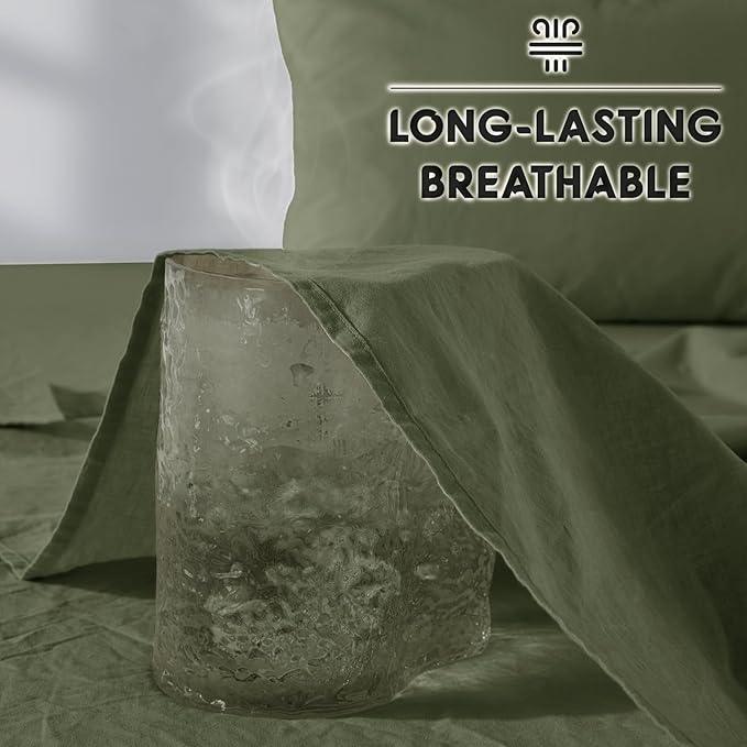 SONORO KATE 100% French Pure Linen Sheets, Breathable and Durable Linen King Size Sheets, Anti-Tear Linen Bed Sheets, Machine Washable, 16 Inch Deep Pocket - 4 Piece (Olive Green, King)