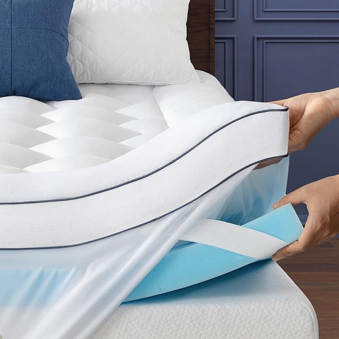 BedStory Dual Layer 4 Inch Mattress Topper King Size - 2” Gel Memory Foam and 2” Plush Pillow Top for Pressure-Relieving & Back Pain - Deep Pocket, Corner Straps, CertiPUR-US Certified