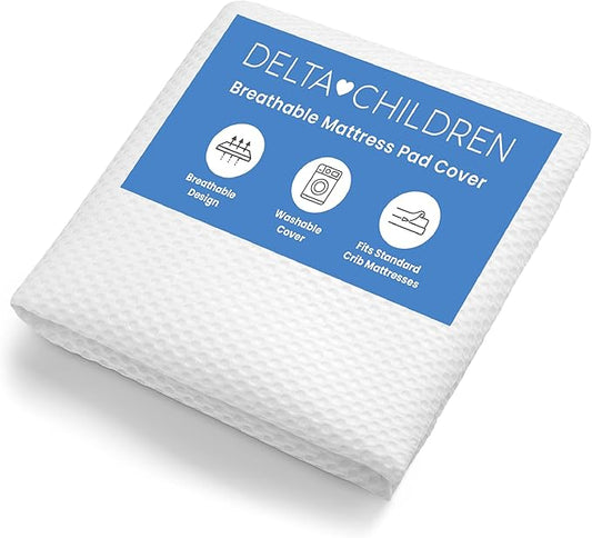 Delta Children Breathable Crib Mattress Pad Cover - 100% Breathable Mattress Pad Cover for Cribs - Elastic Edges for Secure, Universal Fit - Machine Washable - 1 Pack, White