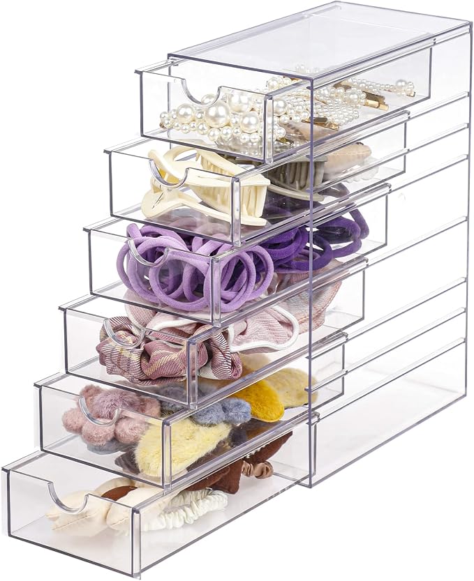 FABROK Clear Hair Accessory Organizer Box with 6 Drawers, Compact Storage Organization Drawers Set for Cosmetics, Glasses, Stationery, Stackable Storage Containers Box for Bathroom, Closet, Office by FABROK