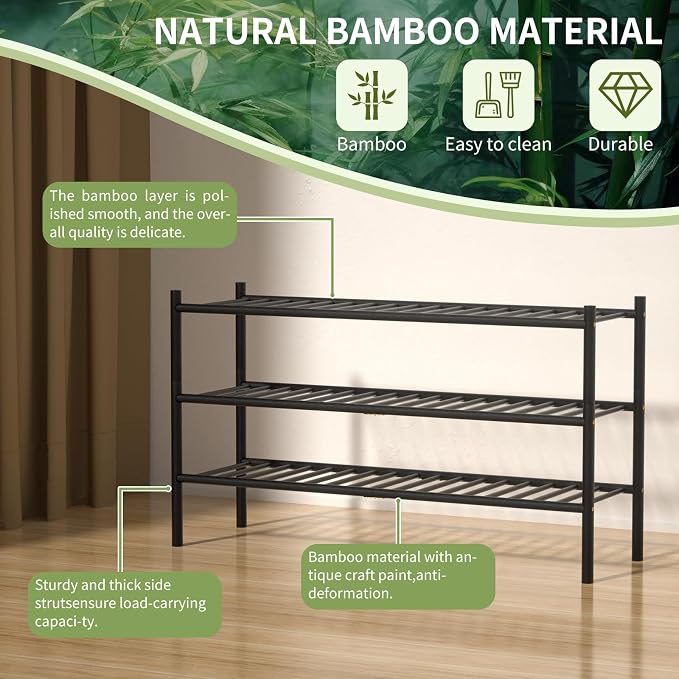 ROMGUAR CRAFT 3-Tier Bamboo Long Shoe Rack, Free Standing Wood Shoe Shelf Storage Organizer for Closet Entryway Stackable 35"x11"x20" (Black) - Image 5