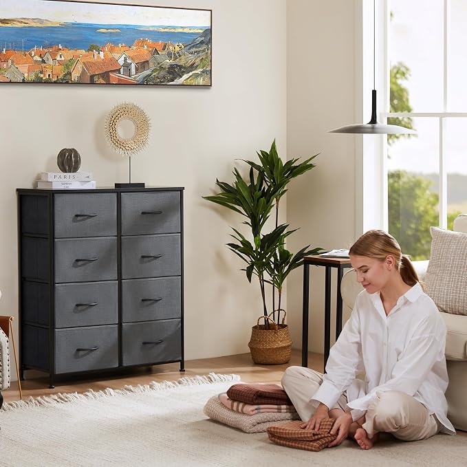 OLIXIS 8 Drawer Storage Dresser with Wood Top - Wide Fabric Chest Organizer for Bedroom, Closet, Living Room,Tower Cabinet, TV Stand, Hallway Entryway Furniture,Grey - Image 4