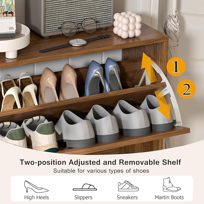 Fsbecl Shoe Storage Cabinet for Entryway with 2 Flip Drawers, Narrow Wood Shoe Cabinet with Fluted Panel, Freestanding Hidden Shoe Organizer for Foyer, Hallway (Walnut) - Image 5