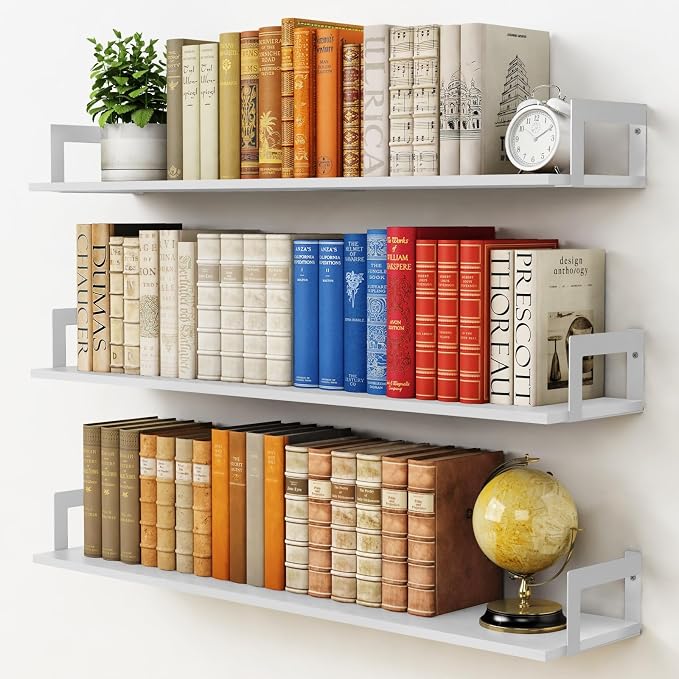 Harwaya White Floating Book Shelves for Wall, 36 Inch Wall Bookshelf for Kids Bedroom, Large Deep Hanging Shelves with Metal Brackets for Living Room Office Décor Indoor Plants (3-Pack) by Harwaya
