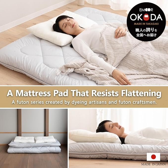 EMOOR Japanese Floor Futon Mattress Anti-Sag Full Made in Japan 100% Cotton Chip Foam Gray, Shikibuton Foldable Sleeping Bed Tatami Mat
