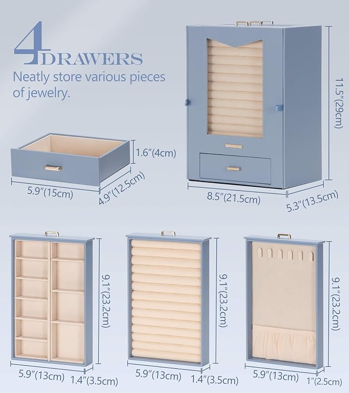 Homde Jewelry Organizer with Transparent Window Necklace Hooks Gift for Women Jewelry Box Display Case for Necklaces Rings Earrings Bracelets and Other Accessories (Grey Blue) - Image 6