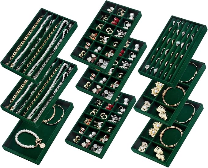SPAKOWN Jewelry Drawer Organizer Inserts Set of 9, Jewelry Trays for Drawers Velvet Jewelry Organizer Tray Drawer Jewelry Organizers and Storage for Earring Ring Necklace Watch Bracelet (Green) by SPAKOWN