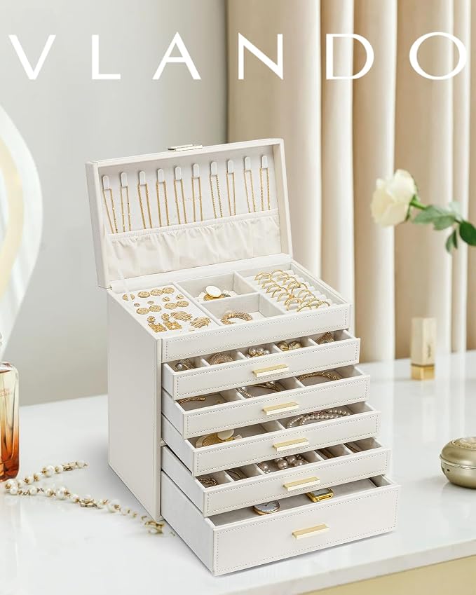 VLANDO 6 Layer Large Jewelry Box - Jewelry Holder Organizer, Jewelry Box Organizer for Drawer Necklace Ring Bracelet and Watch, Birthday Gift for Loved Ones - Beige - Image 2