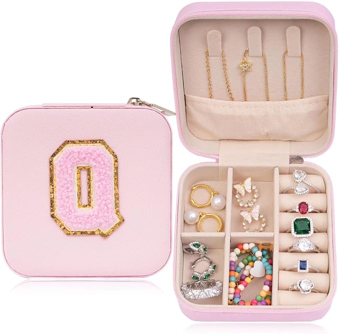 ETHOON Jewelry Travel Case Small Organizer Stocking Box Personalized Gifts Teenage Jewelry Accessories Holiday Wedding Christmas Gift for Women Pink, Letter Q by ETHOON