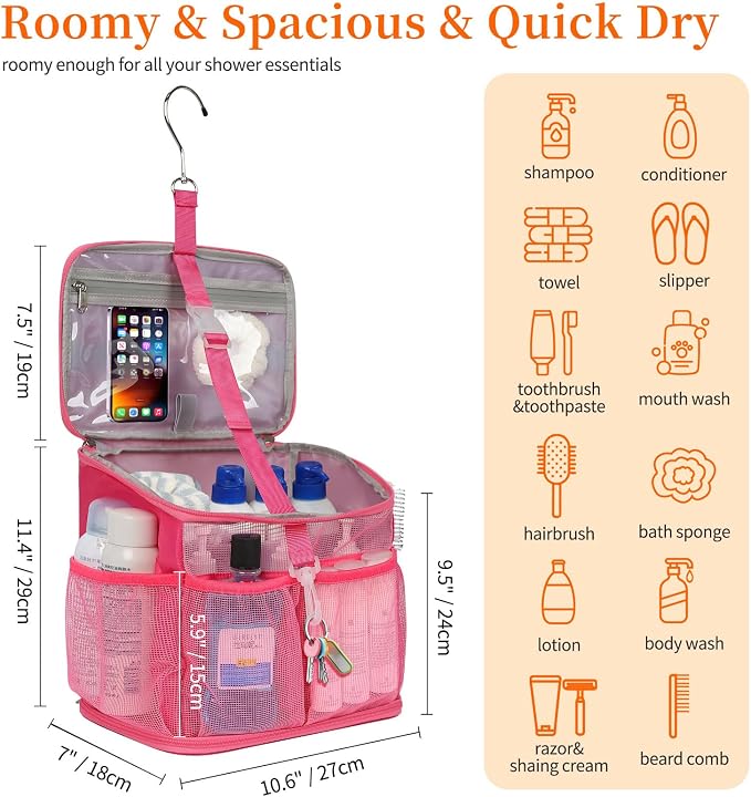 CUBETASTIC Shower Caddy Portable Mesh Shower Tote for Bathroom, Gym, Travel, Camping - Quick Dry Hanging Organizer Toiletry Bag with Handle for College Dorm Room, Men & Women (A# Hot Pink, 9.8") - Image 2