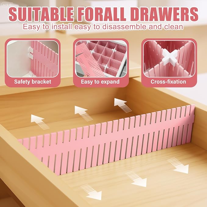 Blosssound 15 Pcs 5.12 Tall Drawer Divider Adjustable Drawer Organizer DIY Ultra Deep Storage Organizer Separator with Fixed Buckle for Underwear Socks Dormitory Office Kitchen Bedroom(Pink) - Image 3