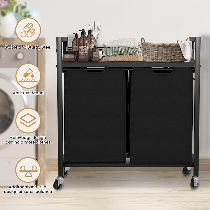 SwaaVee Laundry Hamper, Laundry Basket, Laundry Sorter with 2 Removable Bags, Clothes Basket with 2 Compartments, Wheels, Shelf for Laundry Room Bathroom Bedroom (2 Bags-Black) - Image 7