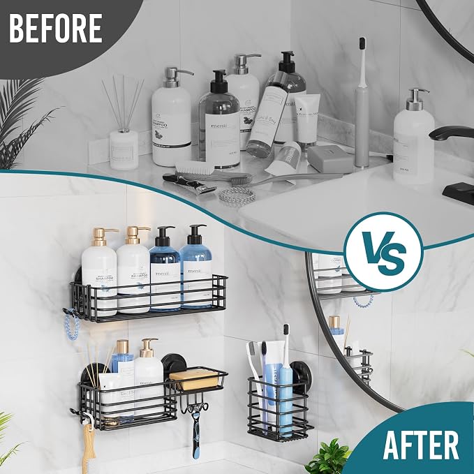 TAILI Shower Caddy Suction Cup, 3 Pack Shelves for Inside with Hooks & Soap holder Toothbrush Cups, Removable Bathroom Organizer, Rustproof Black Holder Storage-Black - Image 7