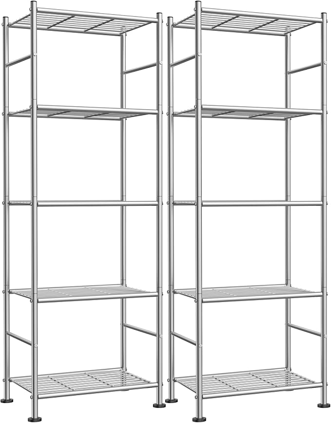 Sakugi Storage Shelves - Set of 2, 5-Tier Metal Shelf Organizer, Space-Saving Garage Shelving with Leveling Feet, Standing Shelves Organizer for Kitchen, Laundry, Pantry (18.4"x12.6"x57.4", Silver) by Sakugi