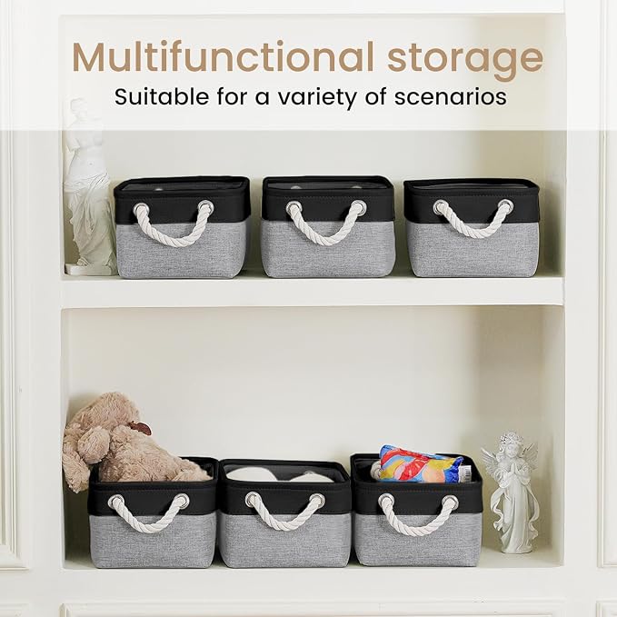 Storage Baskets for Shelves 11.8x7.9x5.2 Inch, Foldable Fabric Storage Bins with Handles, Small Storage Baskets for Organizing Closet, Office, Home Organization (3-Pack, Black&Gray) - Image 6