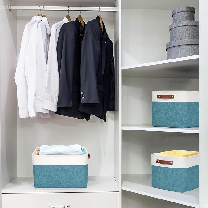 Bagnizer Storage Bins Large Fabric Storage Baskets for Shelves 3 Pack, Decorative Linen Closet Baskets with Handles for Organizing, Shelf, Clothes, Home, Office, 15x11x9.5Inches (Teal&White) - Image 2