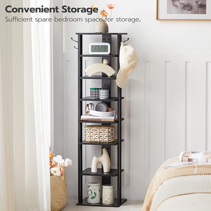 HOOBRO 8 Tiers Vertical Shoe Rack, Wooden Shoe Storage Organizer with Hooks, Narrow Shoe Tower for 8 Pairs, Space Saving, for Entryway, Living Room, Bedroom, Black BK07XJ01 - Image 5