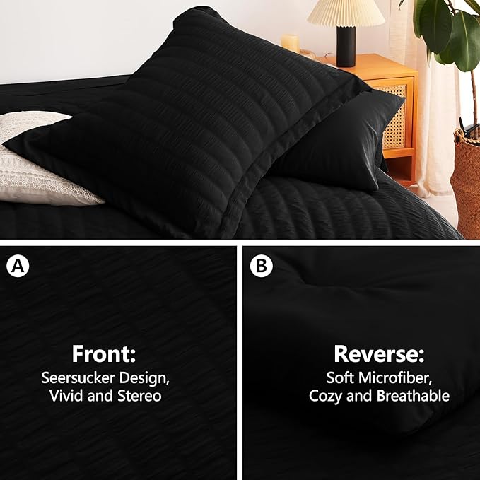 CozyLux Twin XL Comforter Set with Sheets Seersucker Black 5 Pieces Bed in a Bag, Twin Extra Long Luxury Soft Bedding Sets for College Dorm with Down Alternative Comforter, Sheets, Pillowcase & Sham