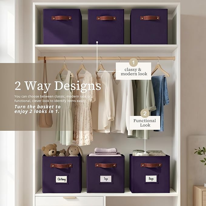 DECOMOMO Storage Bins, Cube Storage Bin with Labels, Fabric Storage Cubes for Shelves (10.5" x 11" / 6pcs, Deep Violet) - Image 4