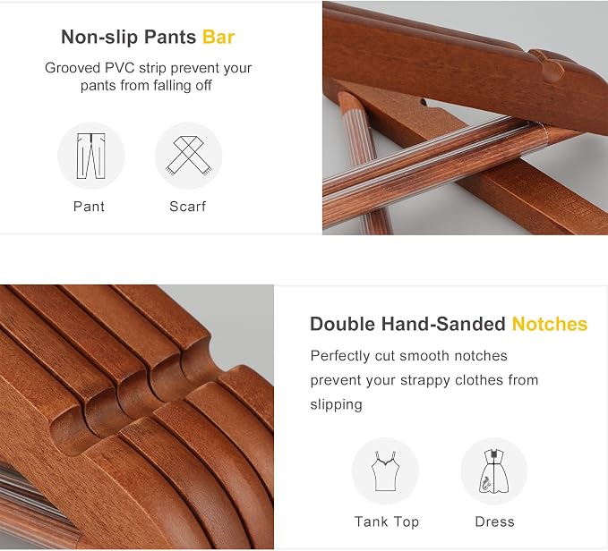 TOPIA HANGER Wooden Hangers 30 Pack, Wood Clothes Hangers, Durable Coat Hanger with 360-Degree Rotatable Hook, Non-Slip Pants Bar and Shoulder Notches for Camisole Tops (Walnut) - CT34WA30 - Image 2