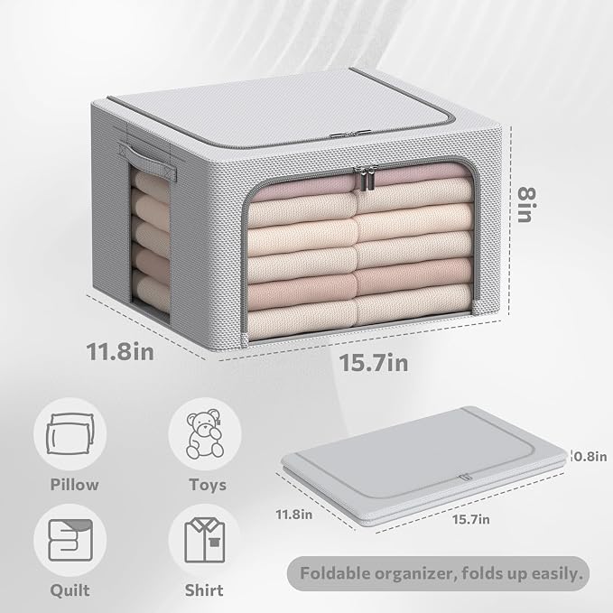 CYhom 3Pack Frame Storage Box - Clothes Storage Bin Bags Oxford Fabric Foldable Stackable Container Organizer Set with Clear Window & Carry Handles Large Capacity (Grey, Small-22L) - Image 5