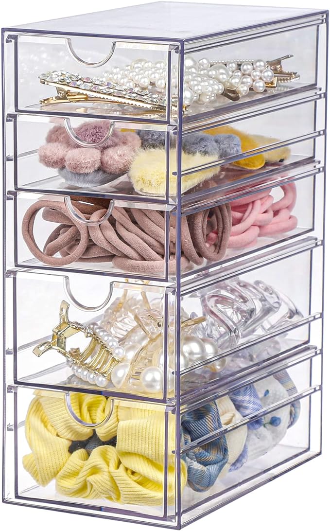 FABROK Clear Hair Accessory Organizer Box with 5 Drawers, Compact Storage Organization Drawers Set for Cosmetics, Glasses, Stationery, Stackable Storage Containers Box for Bathroom, Closet, Office by FABROK