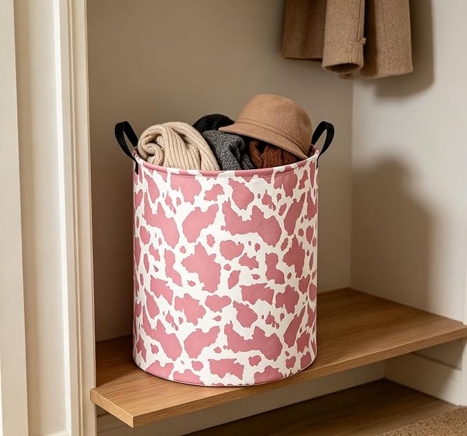 Kids Laundry Basket Cow Hamper for Nursery Pink Hamper Cute Kids Storage Bin Organizer Room Decor for Home(Pink cow) - Image 5