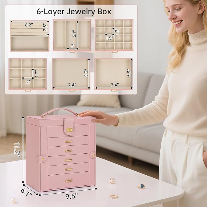 AKOZLIN 6-Tier Jewelry Box Organizer Functional 5 Drawers Leather Jewelry Storage Case for Women Girls Ring Necklace Earring Bracelet Holder Organizer with Mirror Pink - Image 5