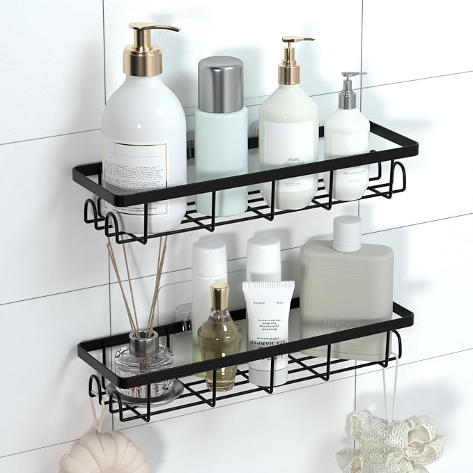 Shower Caddy Organizer with Hooks,Self Adhesive Bathroom Shelves,No Drilling Bathroom Organizers and Storage,Perfect for RV, Apartment, Home Decor,2 Pack Black - Image 7