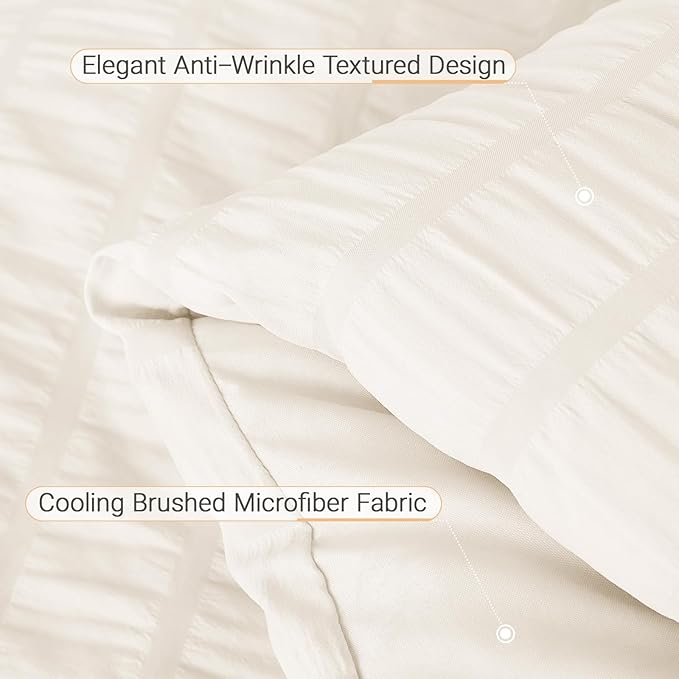 MUXHOMO 5 Pieces Twin Comforter Set, Seersucker Bed in a Bag Twin Size, All Season Luxury Bedding Set with Comforter, Flat Sheet, Fitted Sheet, Pillowcase & Sham, Ivory