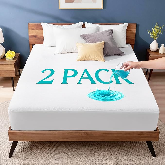 2 Pack Queen Waterproof Mattress Protector, Soft Bed Mattress Cover Noiseless with Deep Pocket Fitted for 8"- 21", Breathable Washable Protector Cover for Home, Bedroom, Hotel (White)