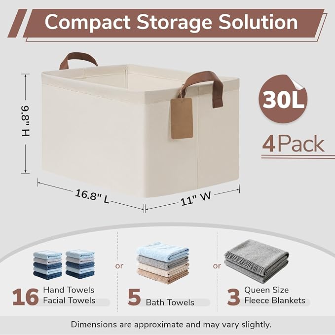 CHICVITA 4 Pack Large Storage Baskets for Shelves, Collapsible Closet Organizer Bins with Metal Frame, Fabric Storage Bins for Clothes Towels Organization, 16.8" x 11" x 9.8", Beige - Image 3